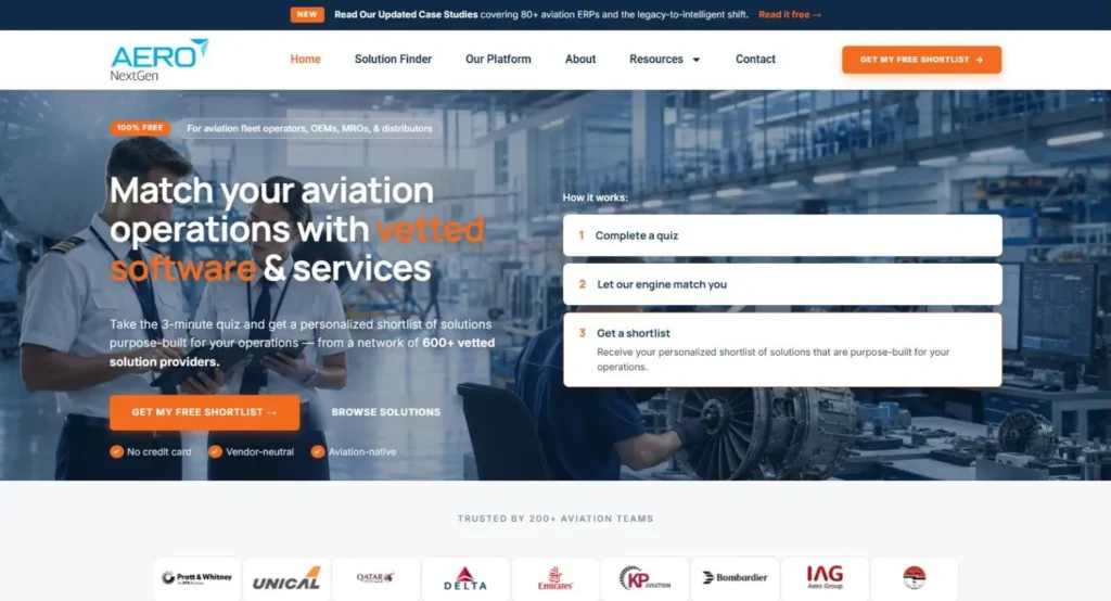 The Aero NextGen homepage with two pilots holding a tablet in a hangar under the headline Match your aviation operations with vetted software and services