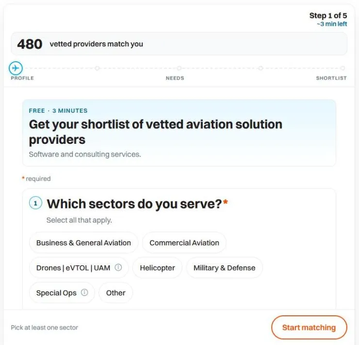 The Aero NextGen Solution Finder quiz, step 1 of 5, with 480 vetted providers and sector options