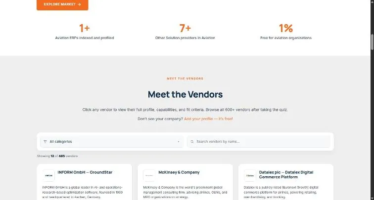 The Meet the Vendors directory with a category filter, name search and cards showing 12 of 485 vendors