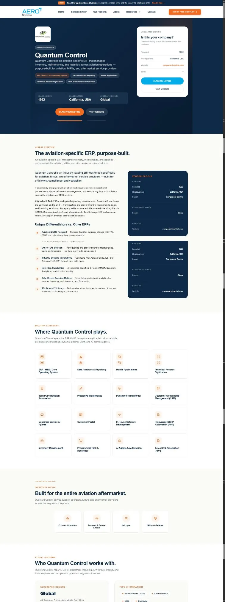 The Quantum Control vendor profile with a dark hero, solution tags, key facts and a claim listing card