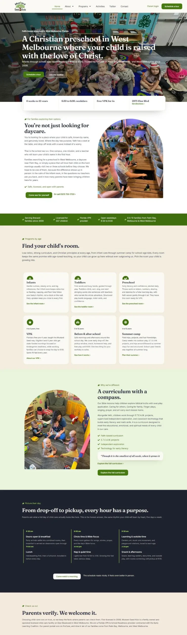 The Mustard Seed Kidz homepage with a classroom photo hero, an arched photo section and a green trust bar