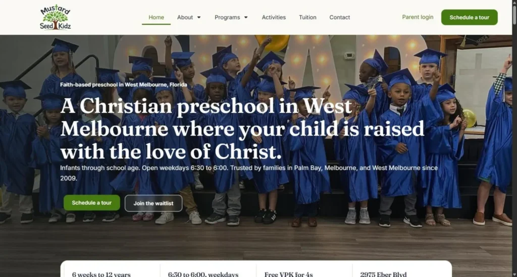 The Mustard Seed Kidz homepage with the tree logo, a green Schedule a tour button and a photo of graduating preschoolers in caps and gowns