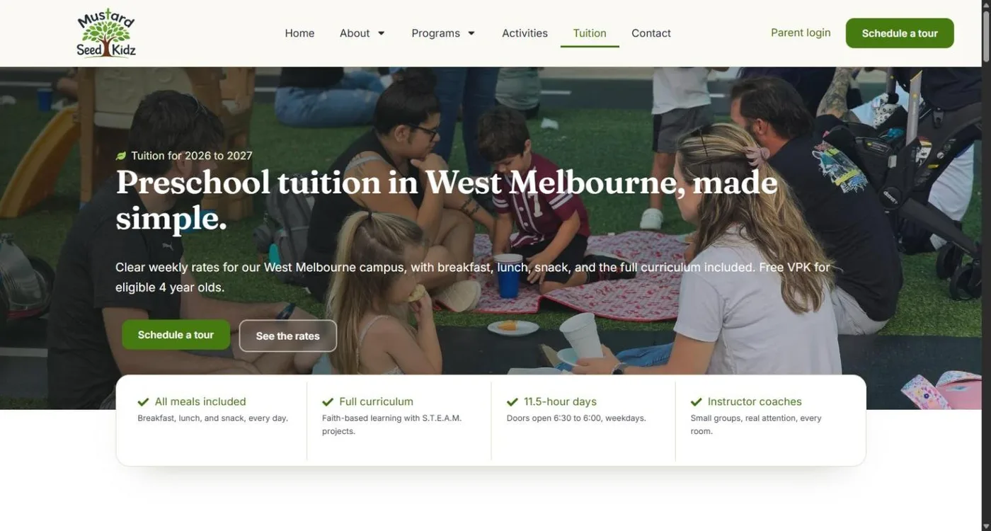 The Mustard Seed Kidz tuition page with families picnicking on the playground behind the headline