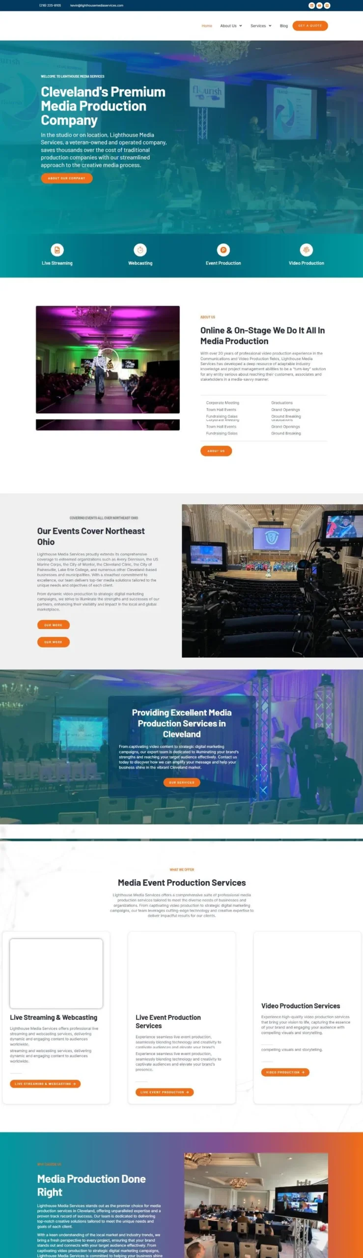 The Lighthouse Media Services homepage with a ballroom conference hero and a teal band of live streaming, webcasting, event production and video production