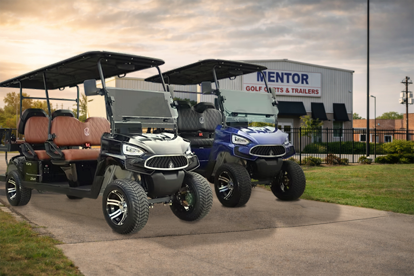 Golf carts on the lot at Mentor Golf Carts & Trailers in Mentor, Ohio