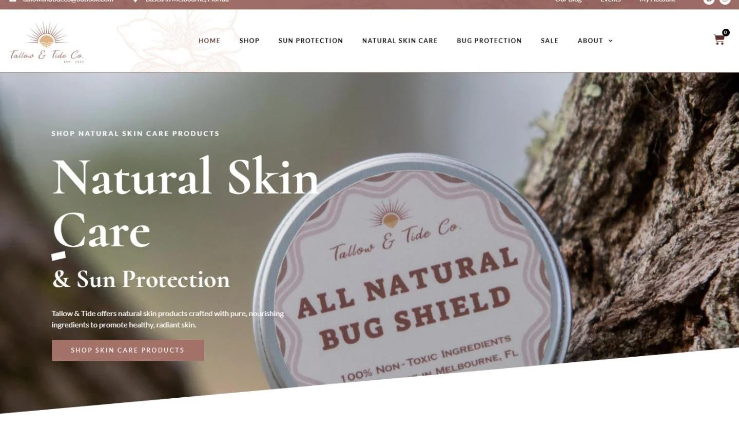 The second homepage slide with a tin of All Natural Bug Shield resting against tree bark
