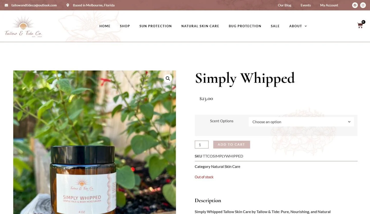The Simply Whipped product page with an amber jar photographed among green garden leaves