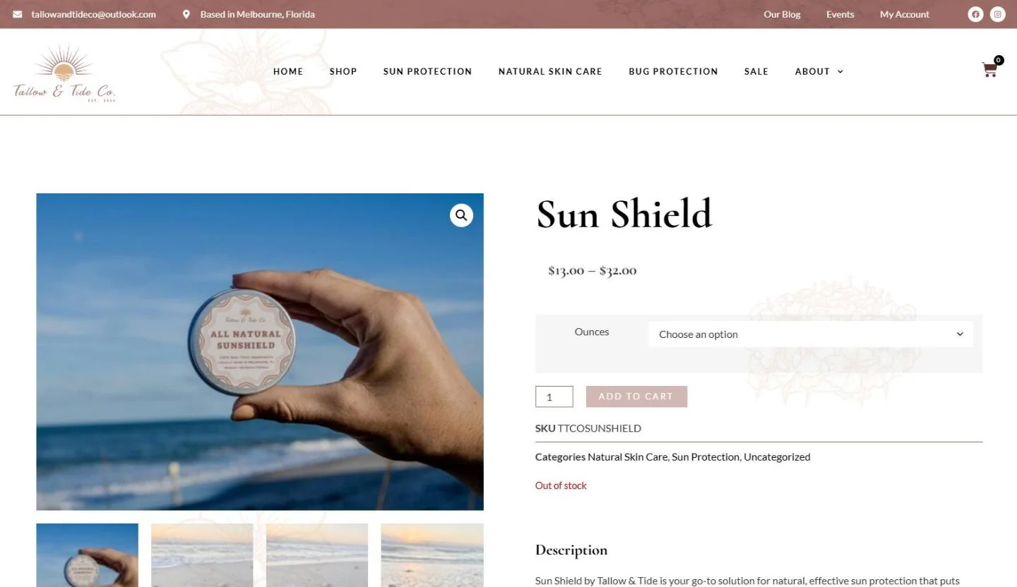 The Sun Shield product page with a hand holding a tin above the shoreline and beach photo thumbnails below
