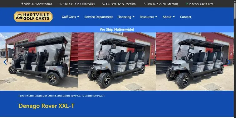 A Hartville Golf Carts product page carousel showing three photos of a Denago Rover side by side