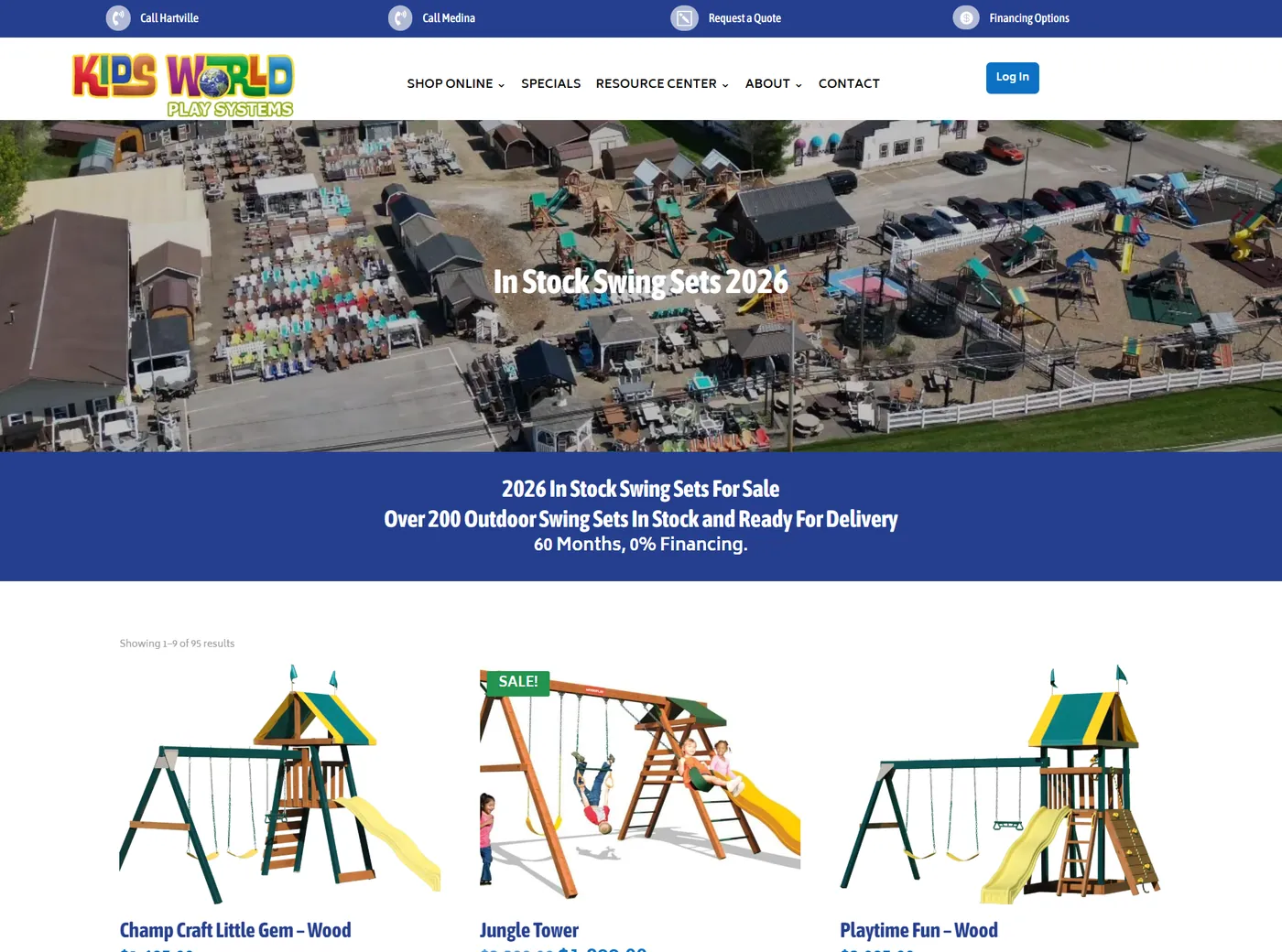The In Stock Swing Sets 2026 category page with an aerial photo of the swing set lot
