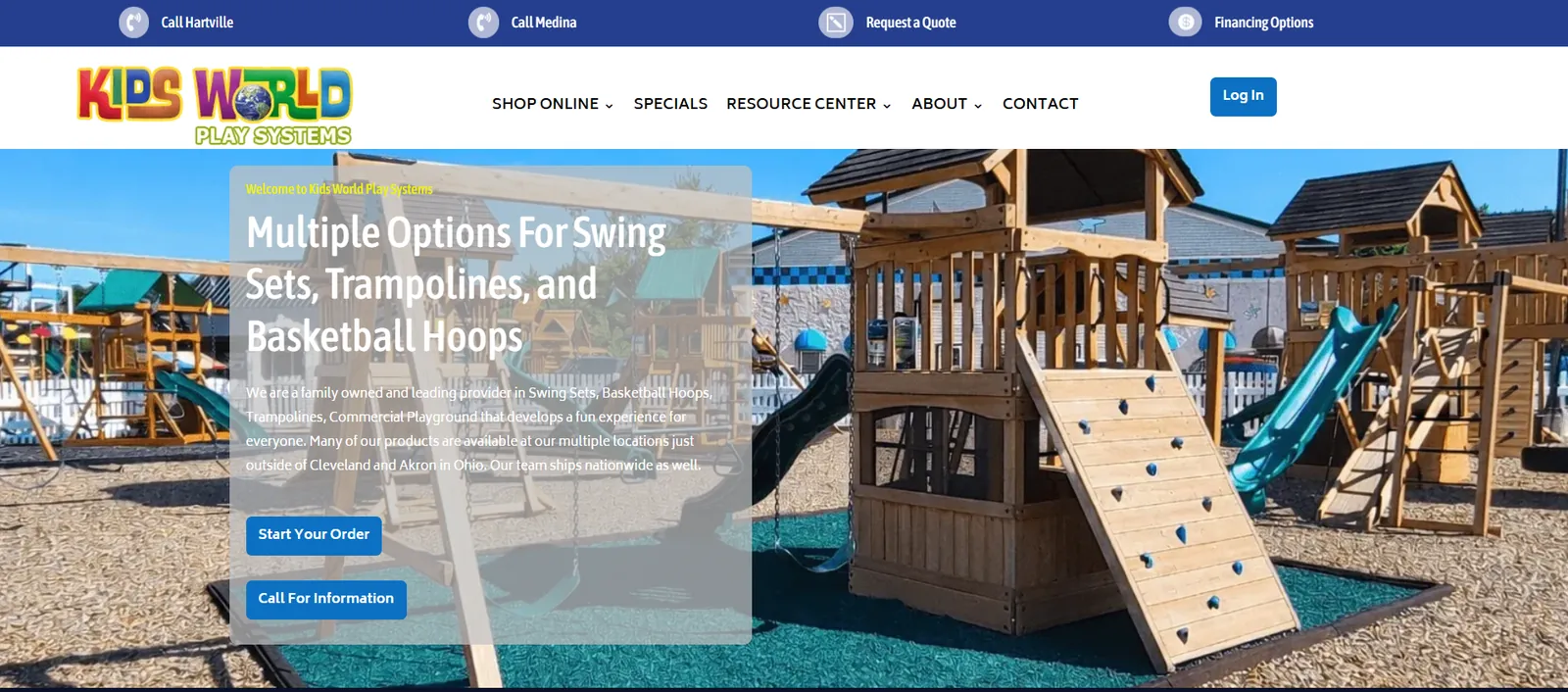 The Kids World Play Systems homepage with a wooden playset, climbing wall and slide