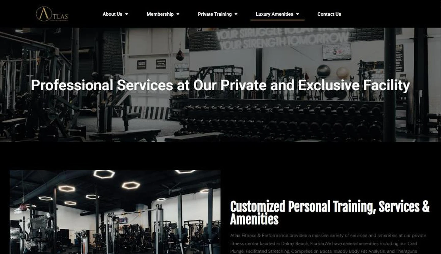 The Atlas luxury amenities page with a dark photo of the training floor, racks, dumbbells and a neon wall sign