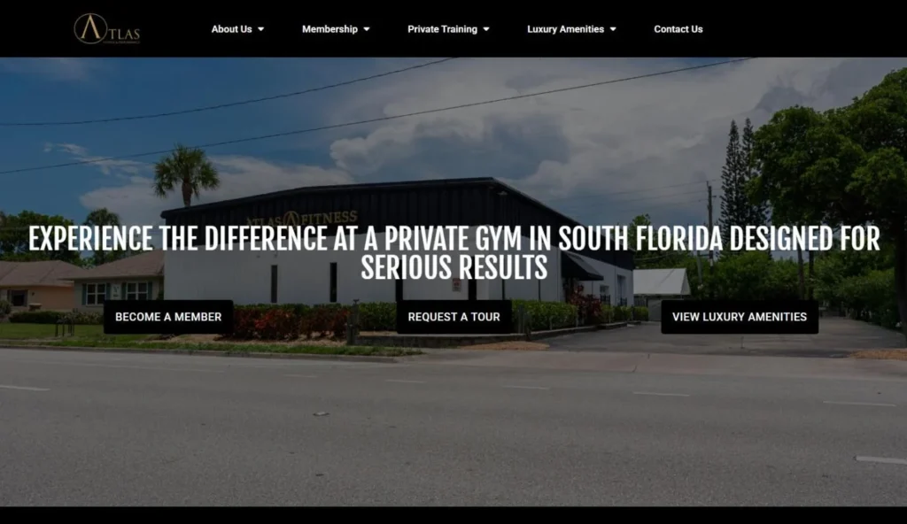 The Atlas Fitness and Performance homepage with the black and white gym building on a palm lined street