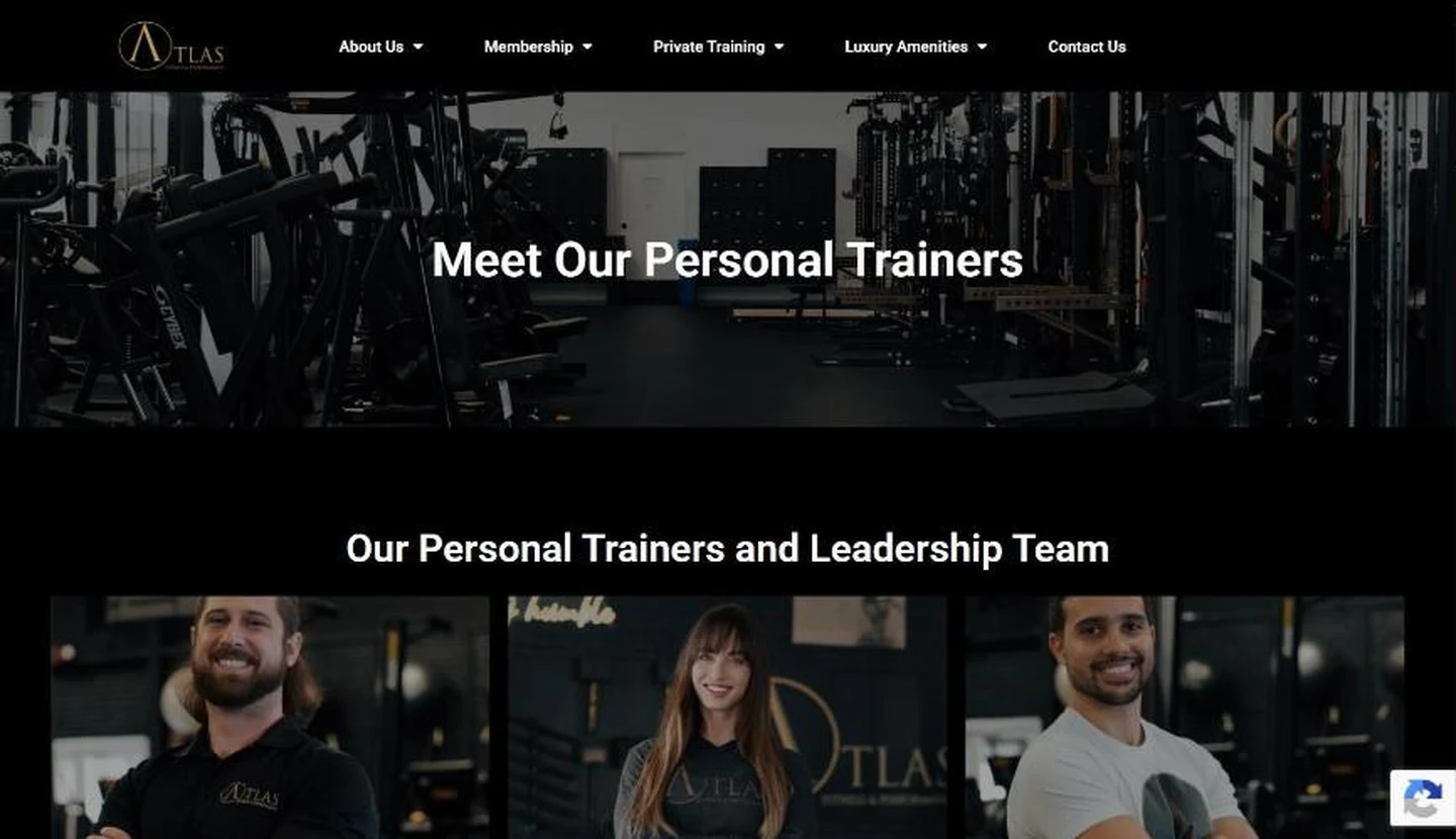 The Atlas Meet our personal trainers page with a dark hero photo of the gym floor