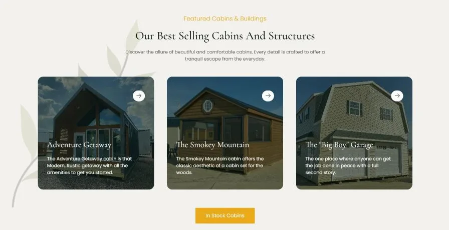The Our Best Selling Cabins And Structures section on a cream background with botanical line art and photo cards