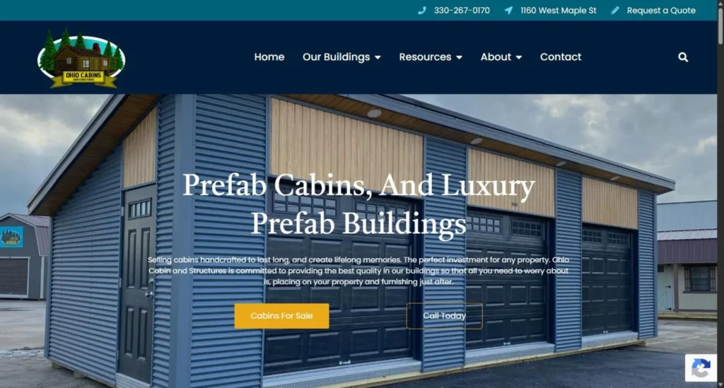 The Ohio Cabins and Structures homepage with a full-width photo of a cabin and a Request a Quote button
