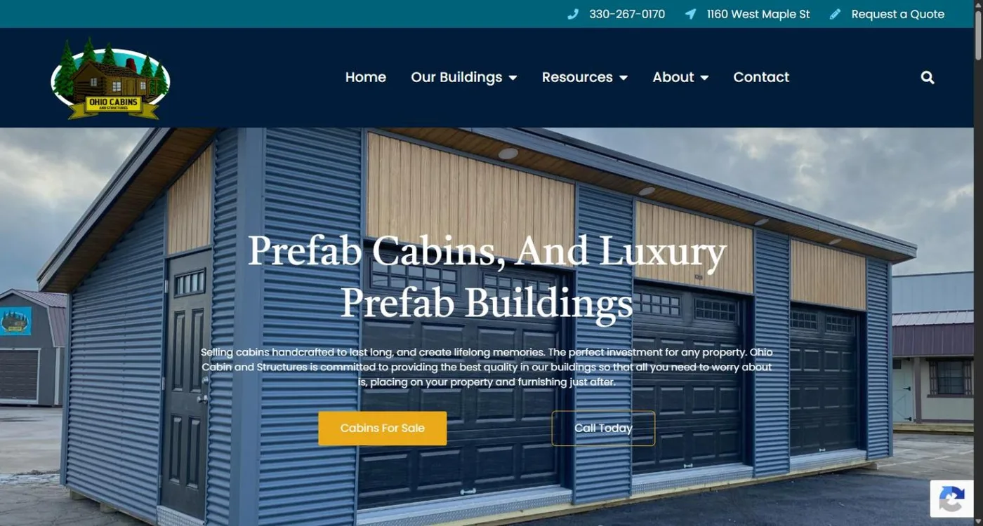 The Ohio Cabins and Structures homepage with a full-width photo of a cabin and a Request a Quote button