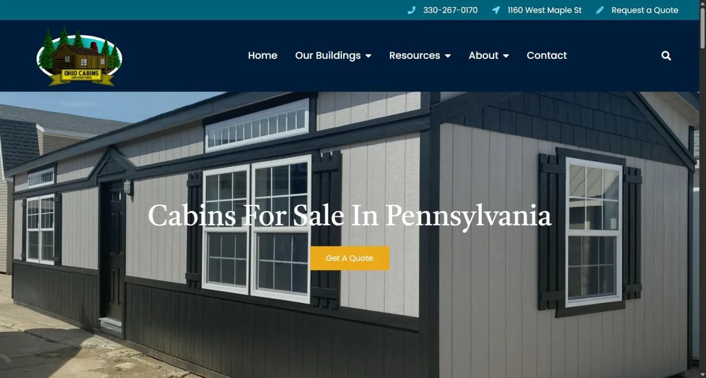 The Cabins For Sale In Pennsylvania state landing page with a prefab cabin photo and a gold Get A Quote button