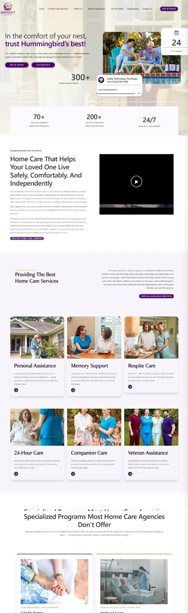 The Hummingbird Care Services homepage with the porch hero and a stats band of 70+ years of leadership, 200+ certified caregivers and 24/7 support