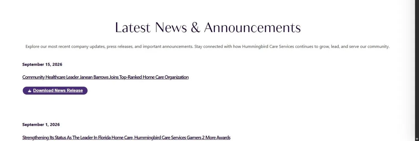The Hummingbird Care Services News Releases page with dated company releases and download buttons