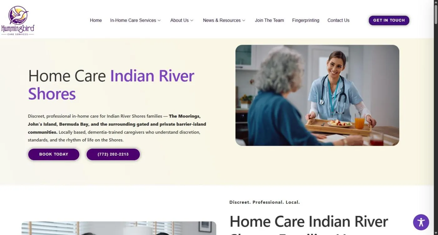 The Home Care Indian River Shores page with a soft cream hero and copy naming The Moorings, John's Island and Bermuda Bay