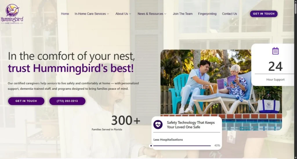 The Hummingbird Care Services homepage with the purple hummingbird logo over a porch scene