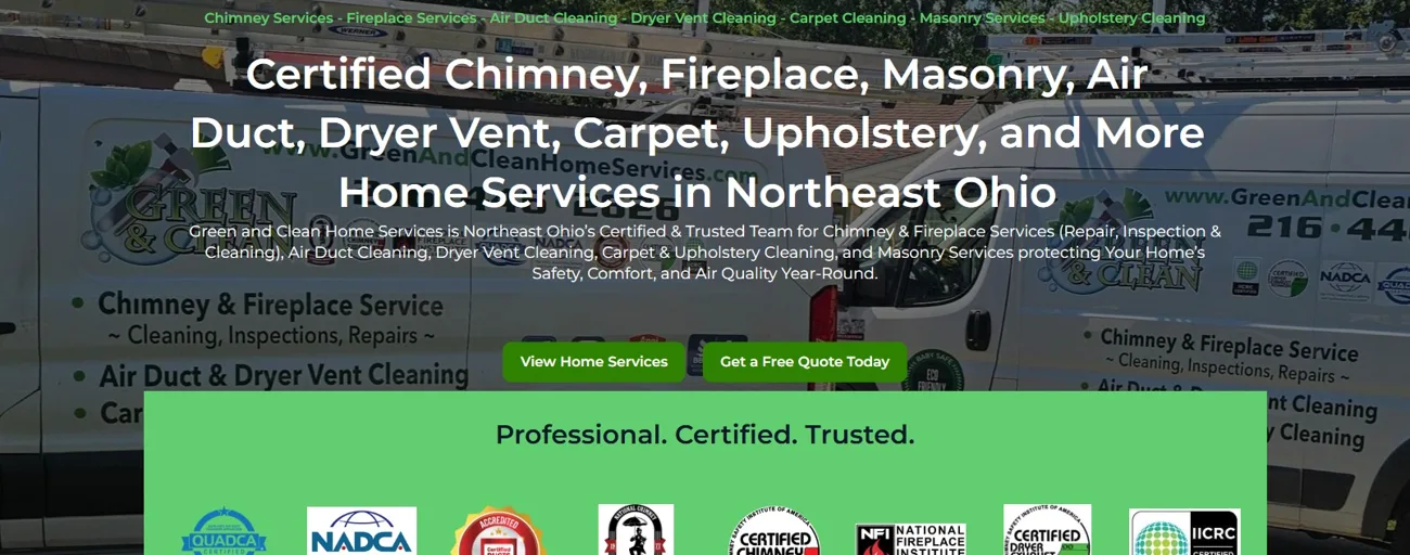 The Green and Clean homepage banner with service buttons above a band of NADCA, CSIA and other certification badges