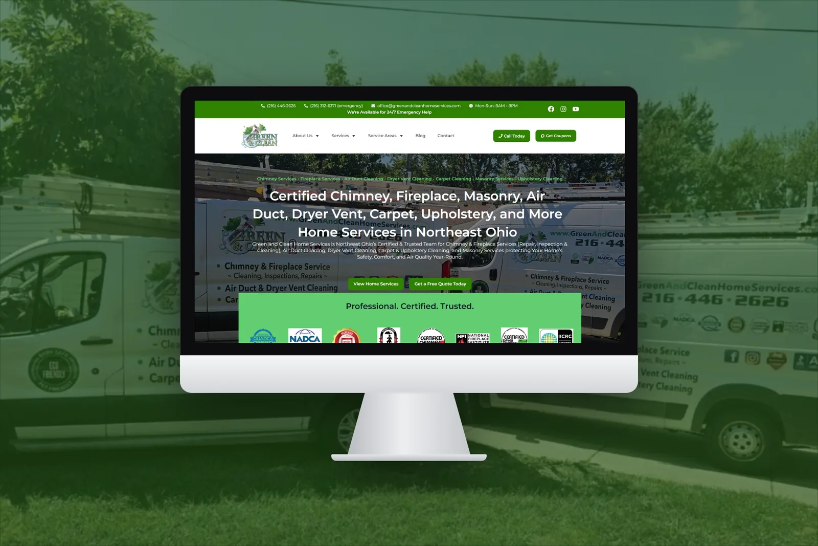 The Green and Clean Home Services homepage shown on a desktop monitor