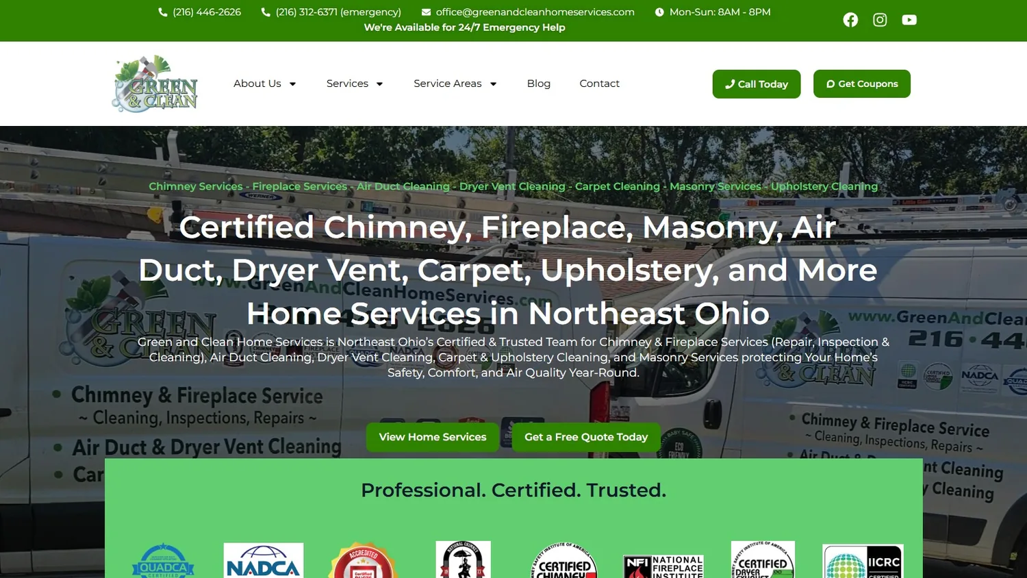 The Green and Clean Home Services homepage with a branded service van behind the headline Certified Chimney, Fireplace, Masonry and Cleaning