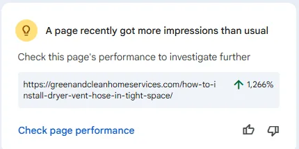Google Search Console recommendation showing the dryer vent hose article got 1,266 percent more impressions than usual
