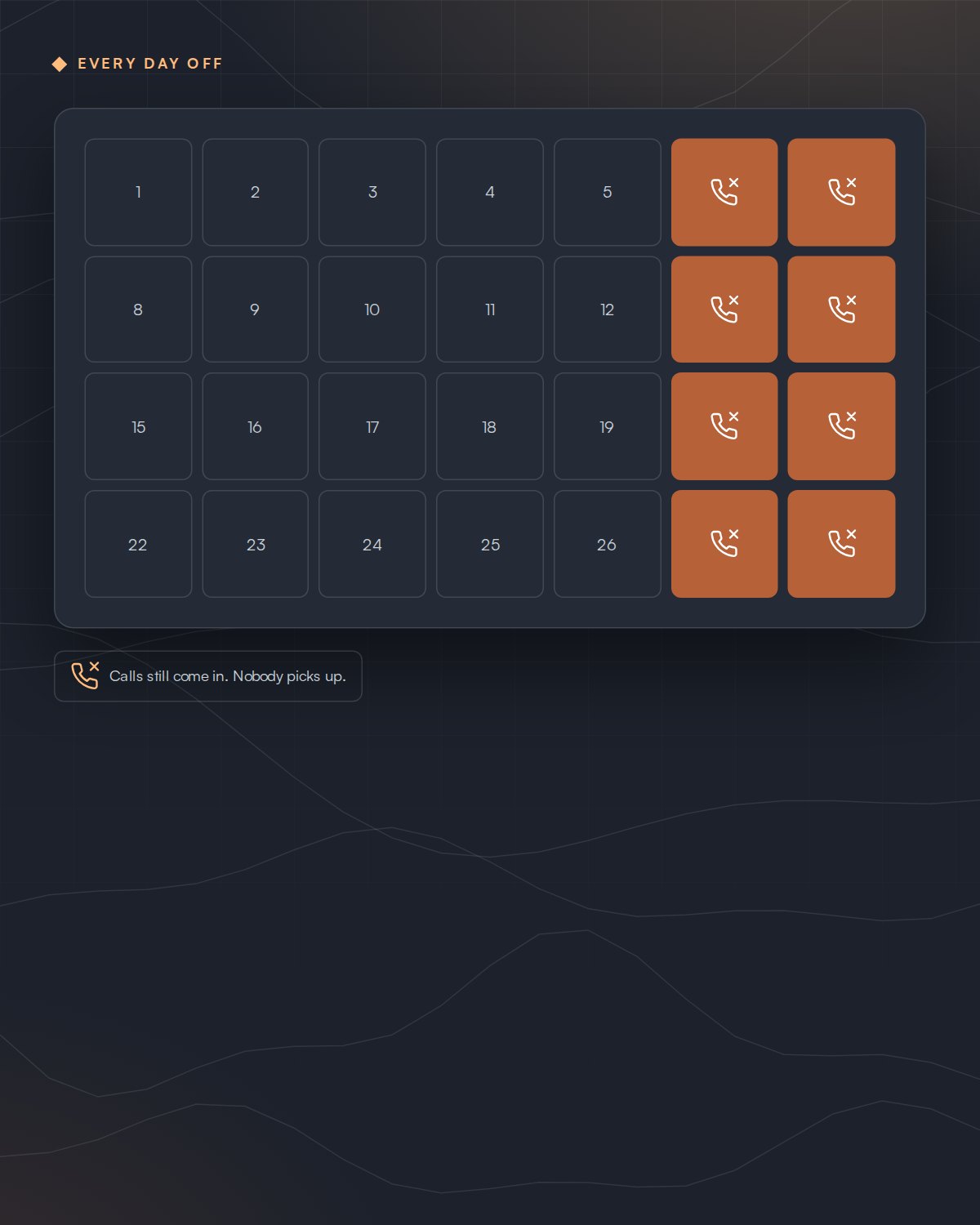 Calendar with missed calls on every day the owner is off