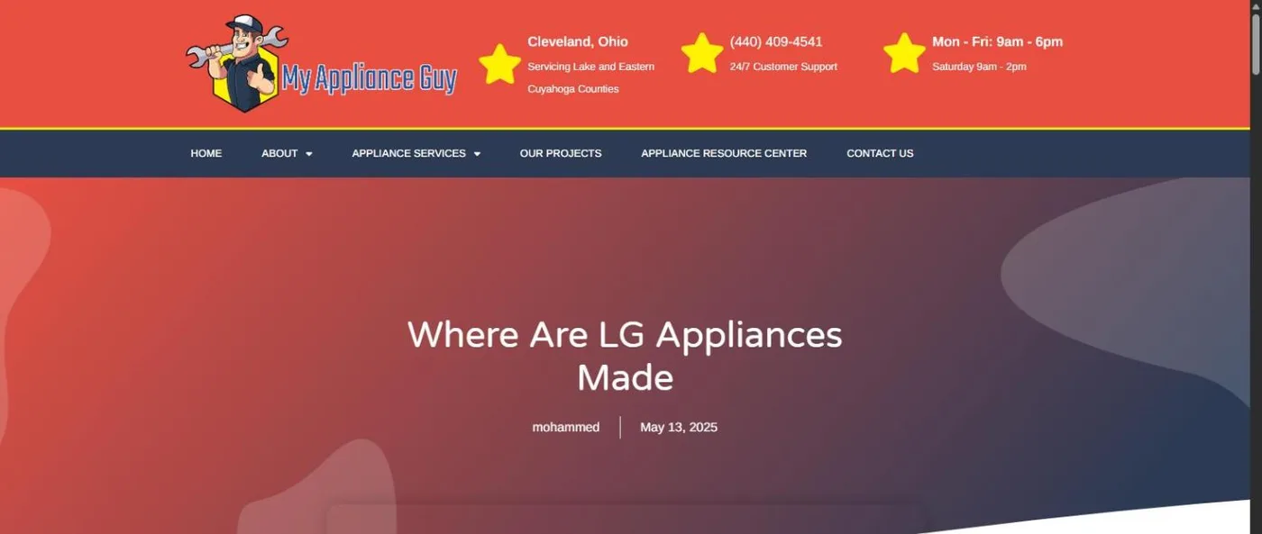 The Where Are LG Appliances Made article header on my-applianceguy.com with a red to navy gradient banner