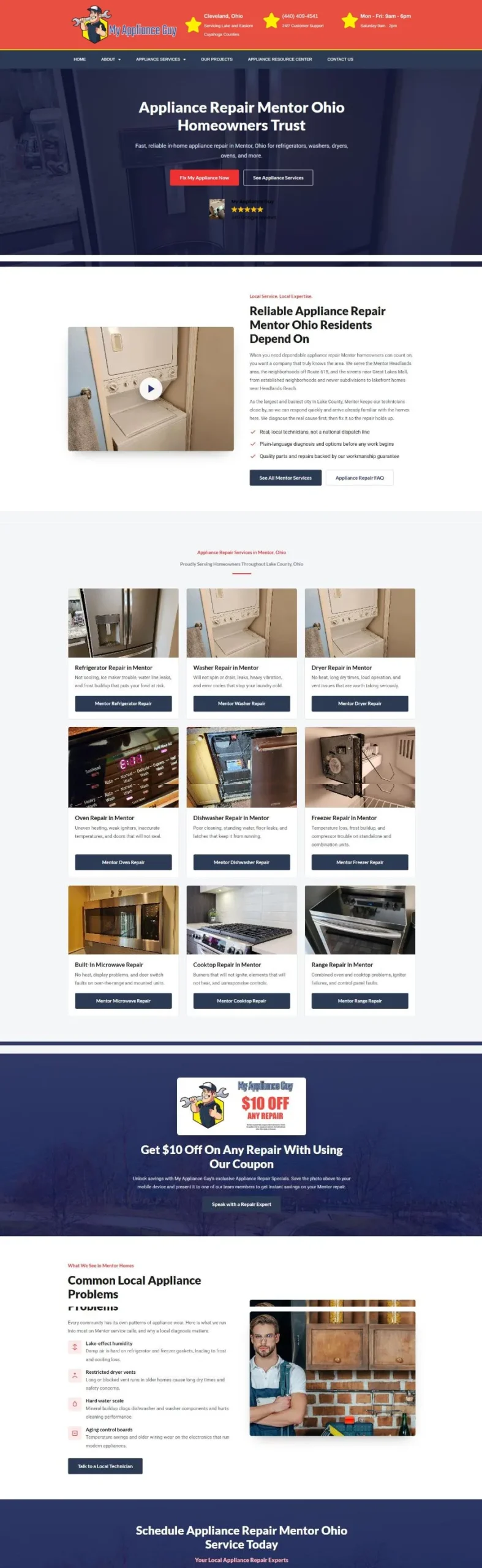 The Appliance Repair Mentor Ohio city hub with 346 Google reviews and a section about Mentor neighborhoods