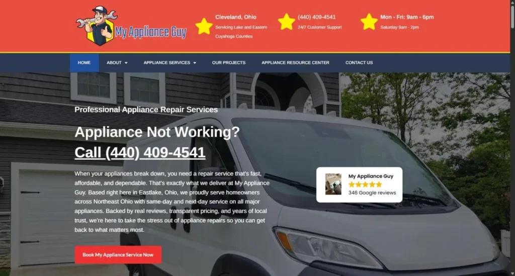 The My Appliance Guy homepage with a red header, mascot logo, Cleveland Ohio location, phone number and hours