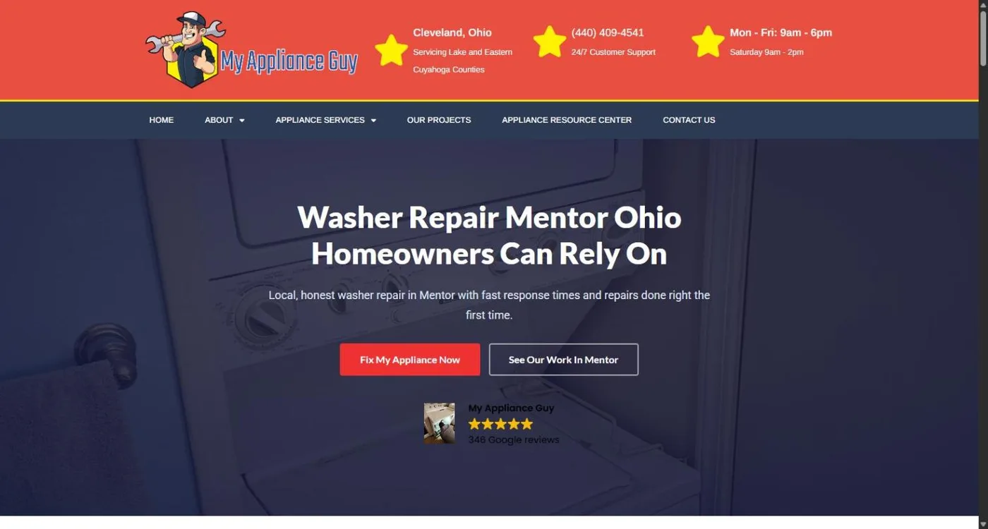 The Washer Repair Mentor Ohio page with a dark hero over a photo of a stacked washer and Fix My Appliance Now button