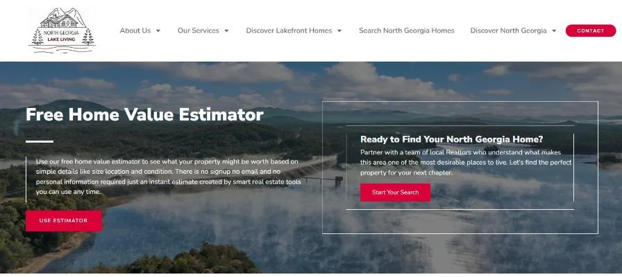 The Free Home Value Estimator page with a misty lake and mountains behind the headline and a Use Estimator button