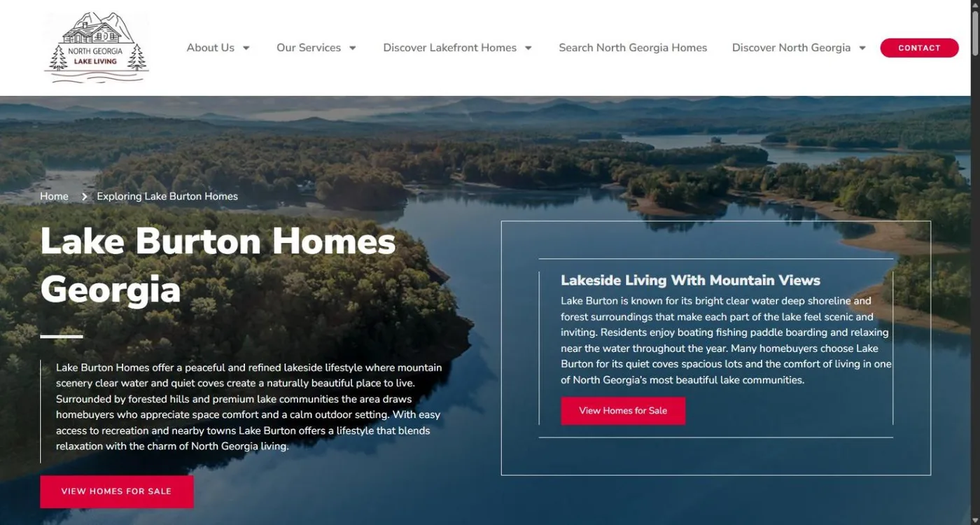 The Lake Burton Homes Georgia page with an aerial photo of the lake and mountains behind the headline
