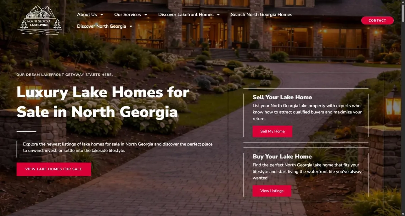 The North Georgia Lake Living homepage with a lake home lit at dusk behind the headline Luxury Lake Homes for Sale in North Georgia