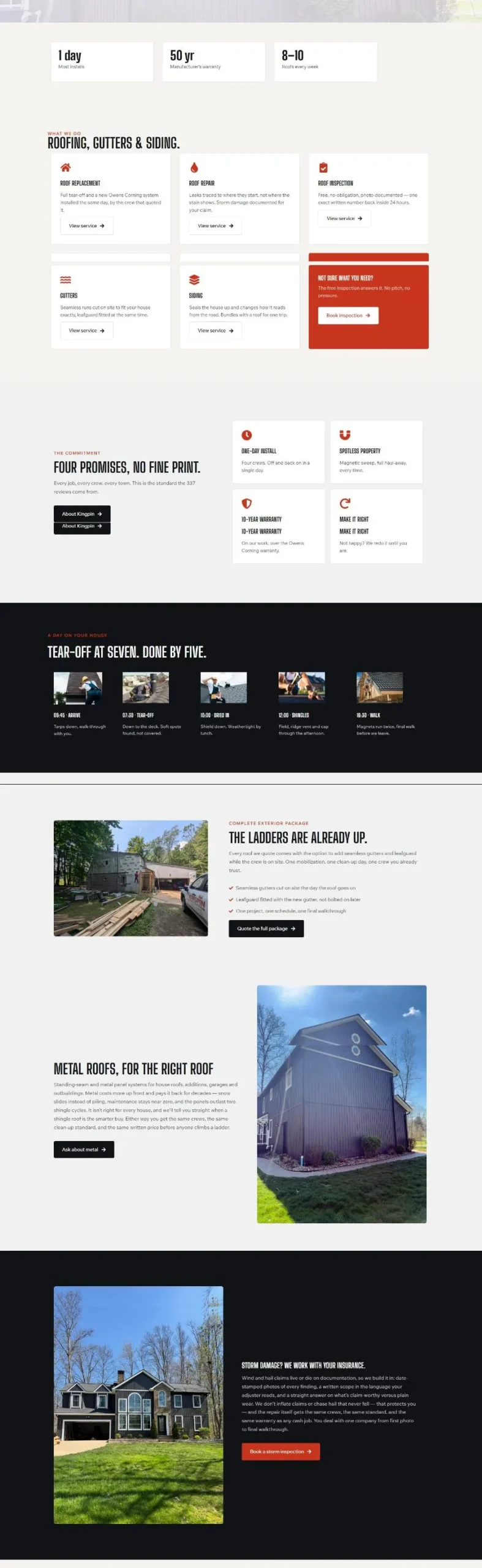 The Kingpin Construction homepage with stat cards for one day installs, 50 year warranty and 8 to 10 roofs a week