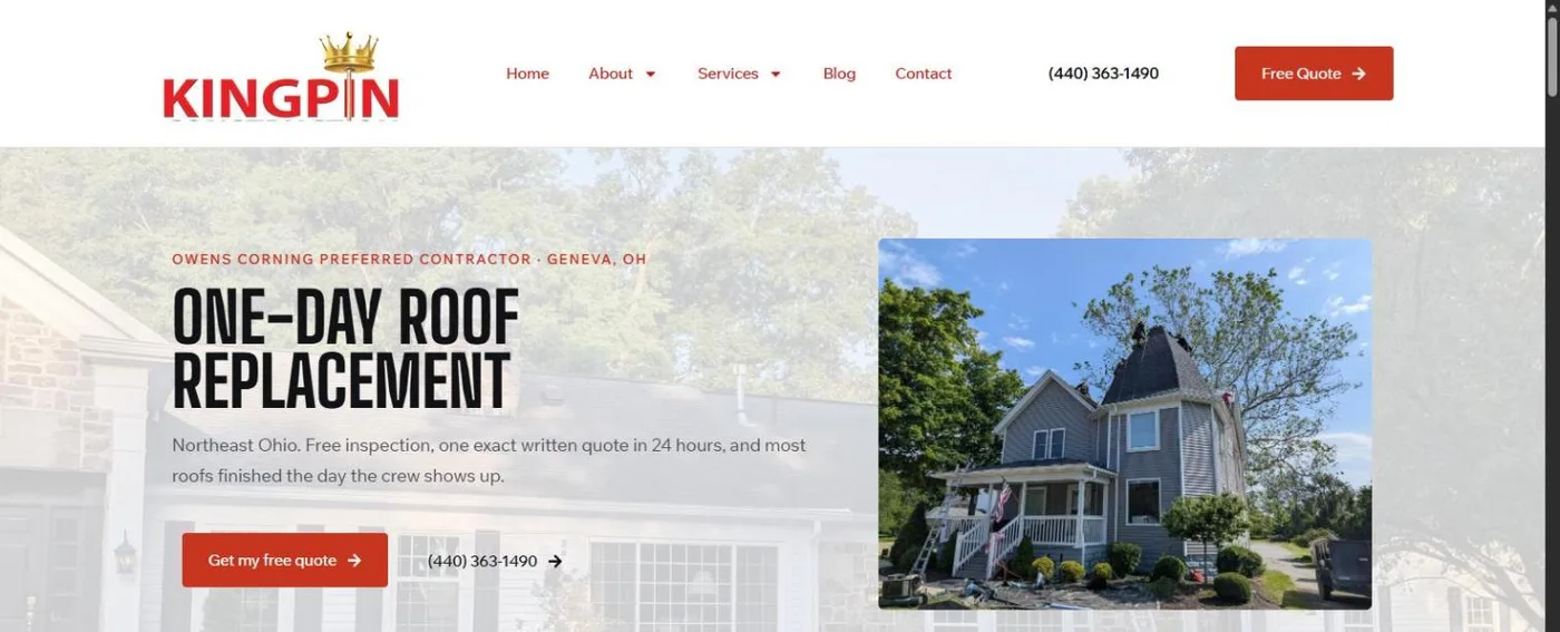The Kingpin Construction homepage with the crowned Kingpin logo and a hero reading One-Day Roof Replacement