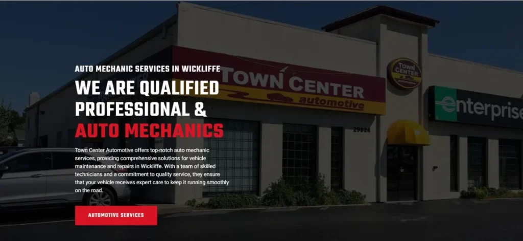 The Town Center Automotive homepage with a photo of the shop building in Wickliffe behind the headline