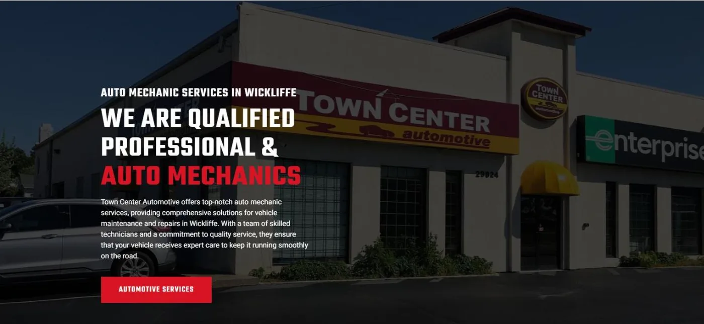The Town Center Automotive homepage with a photo of the shop building in Wickliffe behind the headline