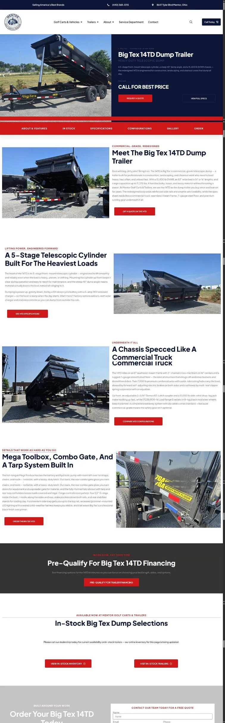 The Big Tex 14TD dump trailer model page with alternating feature sections and a quote button