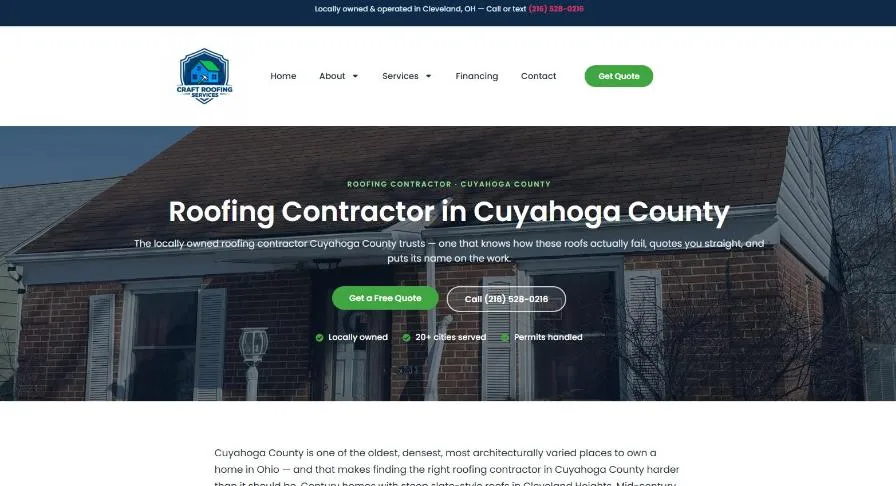 The Roofing Contractor in Cuyahoga County page with a photo of a Cleveland home, a Get a Free Quote button and a call button