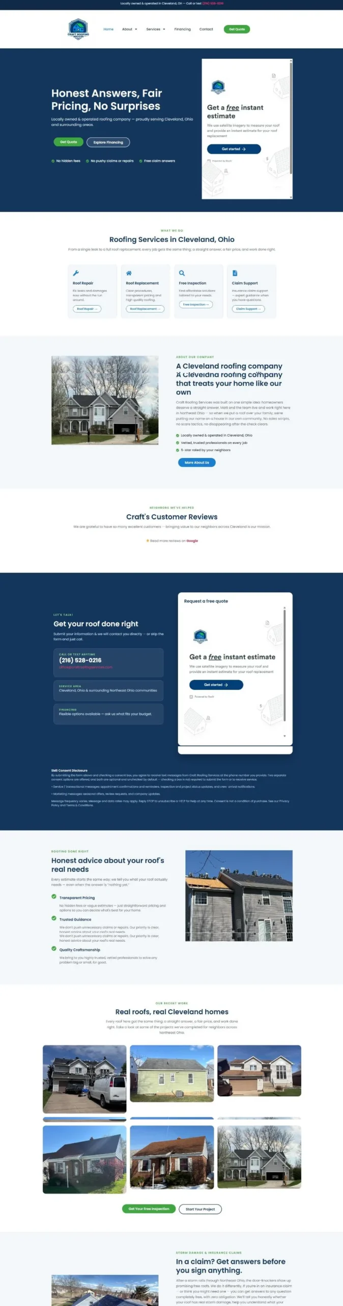 The Craft Roofing Services homepage with the instant estimate, service cards and an about section