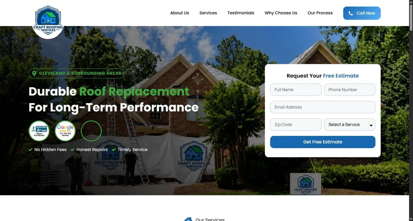 The Durable Roof Replacement paid search landing page with a crew working on a brick home behind the headline