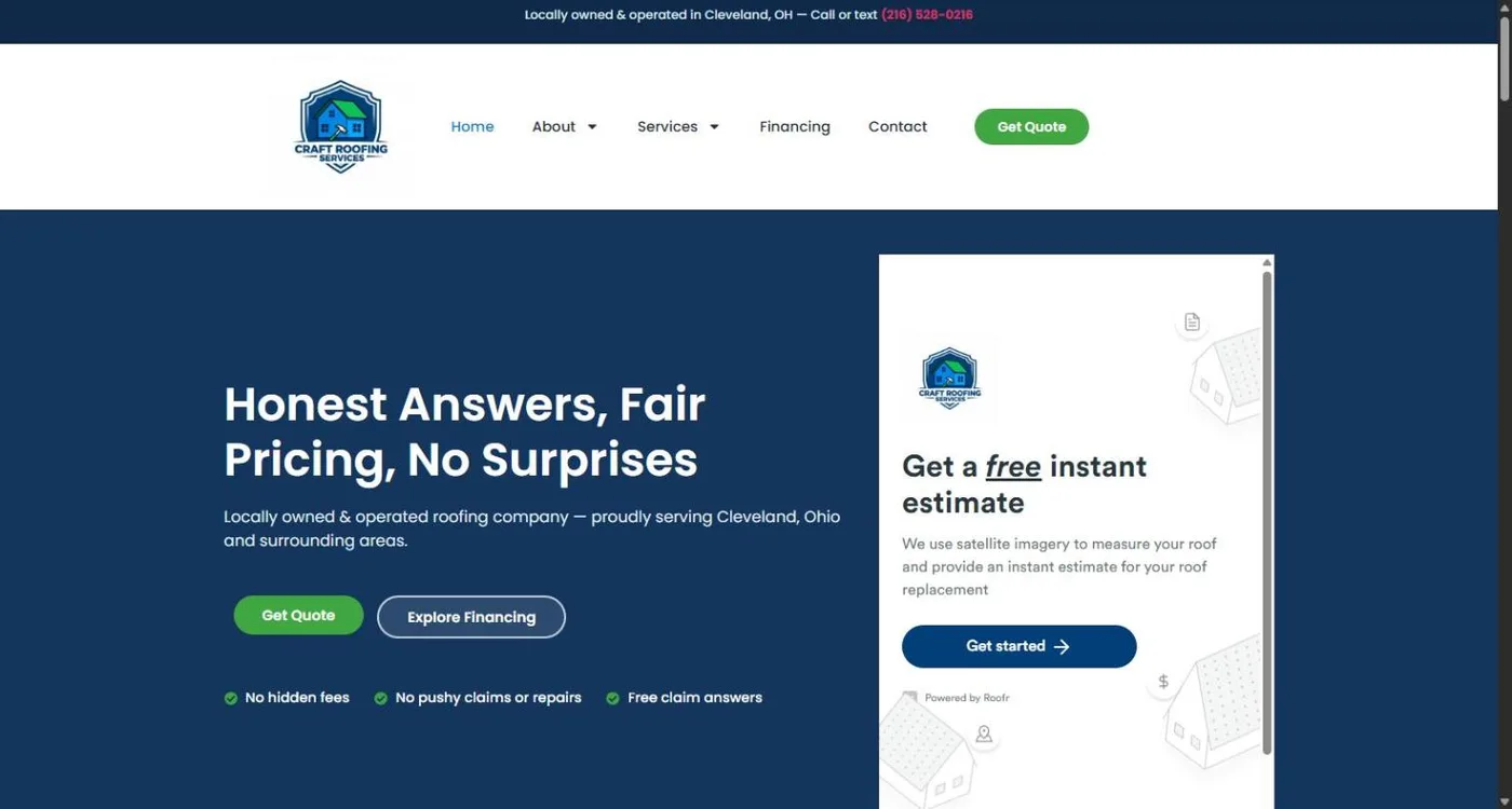 The Craft Roofing Services homepage with a navy hero reading Honest Answers, Fair Pricing, No Surprises