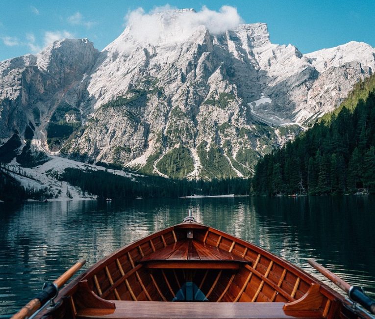 boat, lake, mountains, snow, nature, italy, dolomites, alps, landscape